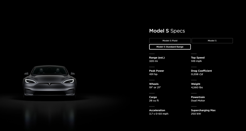 Tesla Model S Standard Range規格。官方圖片