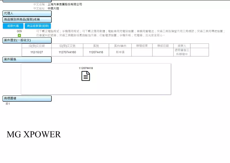 中國上海汽車集團在台申請註冊兩個XPOWER商標，各有各個用途。