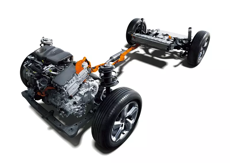 Mazda CX-50 Hybrid使用Toyota供應的油電動力系統，預計連同變速箱與四輪傳動系統也將一併換成Toyota的。圖為現行款Toyota RAV4 2.5油電的動力架構圖。