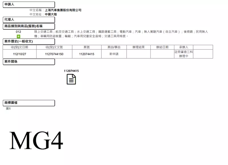 上海汽車集團在台灣申請註冊兩個MG4商標，各有各自用途。