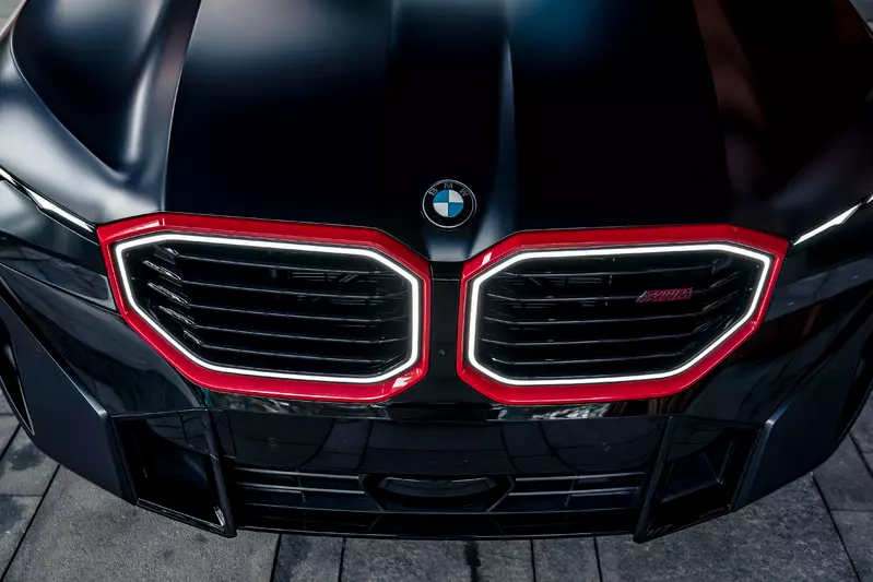 霸氣而寬闊的雙腎型M橫柵式水箱護罩以Toronto Red Metallic線條邊框圍繞，搭配BMW LED環型飾光燈條，充分展現磅礡氣勢。