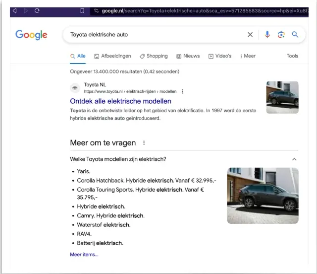 荷蘭語Toyota elektrische auto(意為豐田電動車)在Google搜尋結果中卻出現油電車