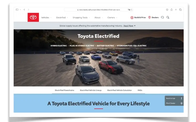 加拿大Toyota官網上使用Electrified來宣傳油電車。