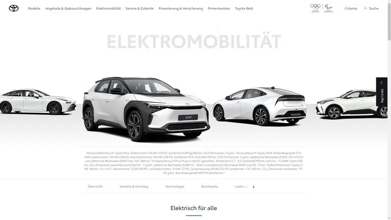 Toyota德國網站上的ELEKTROMOBILITÄT(德文，意為電動車)頁面中，卻出現油電車。