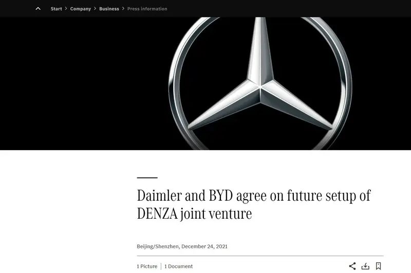 戴姆勒時期的Mercedes-Benz與比亞迪合作，在中國成立電動車品牌騰勢汽車。當時的新聞稿還找的到，只是圖片只給一張三芒星，沒有提供任何雙方高層的合影，這樣我很難配圖阿！