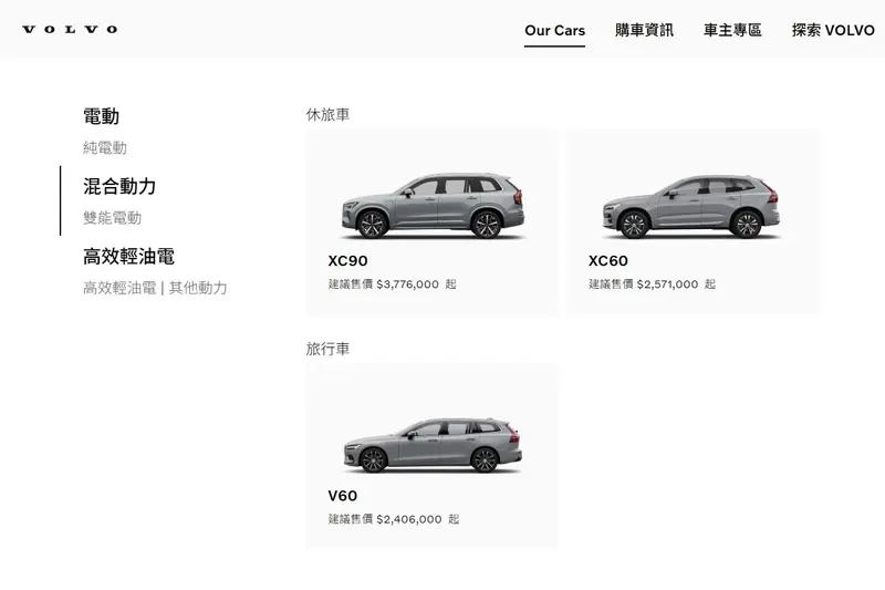 Volvo在台灣目前沒販售轎車，旅行車由V60擔當。