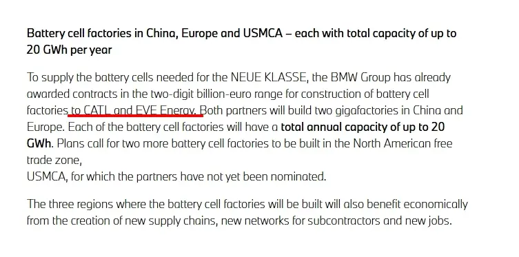 根據官方2022年9月9日的新聞稿，BMW NEUE KLASSE系列電動車使用的圓柱型電池，將由中國寧德時代與中國EVE Energy億緯鋰能供應。