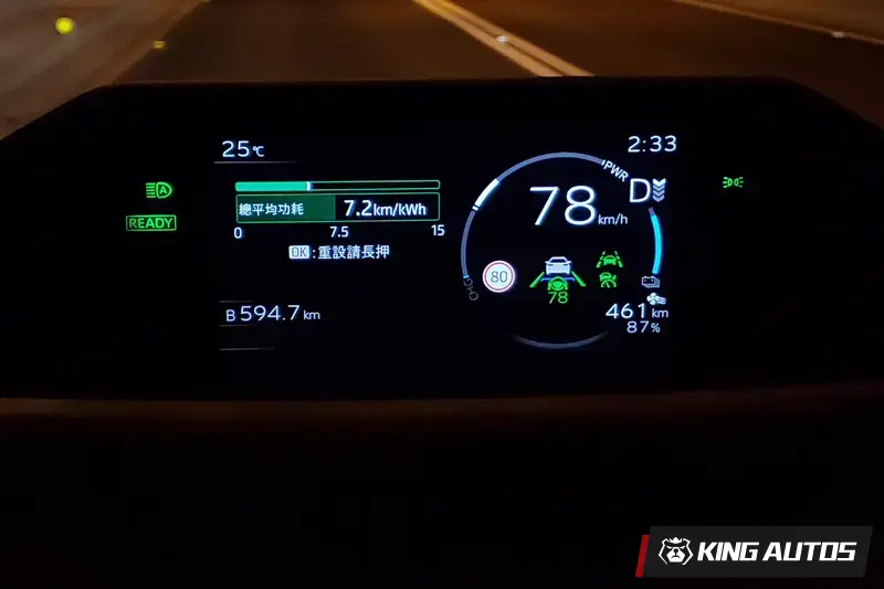 7吋數位儀表在隧道中等暗處的亮度不會刺眼，啟用LV.2半自動駕駛時上面會對應的燈號，D旁邊很像軍階的是煞車回充力道。