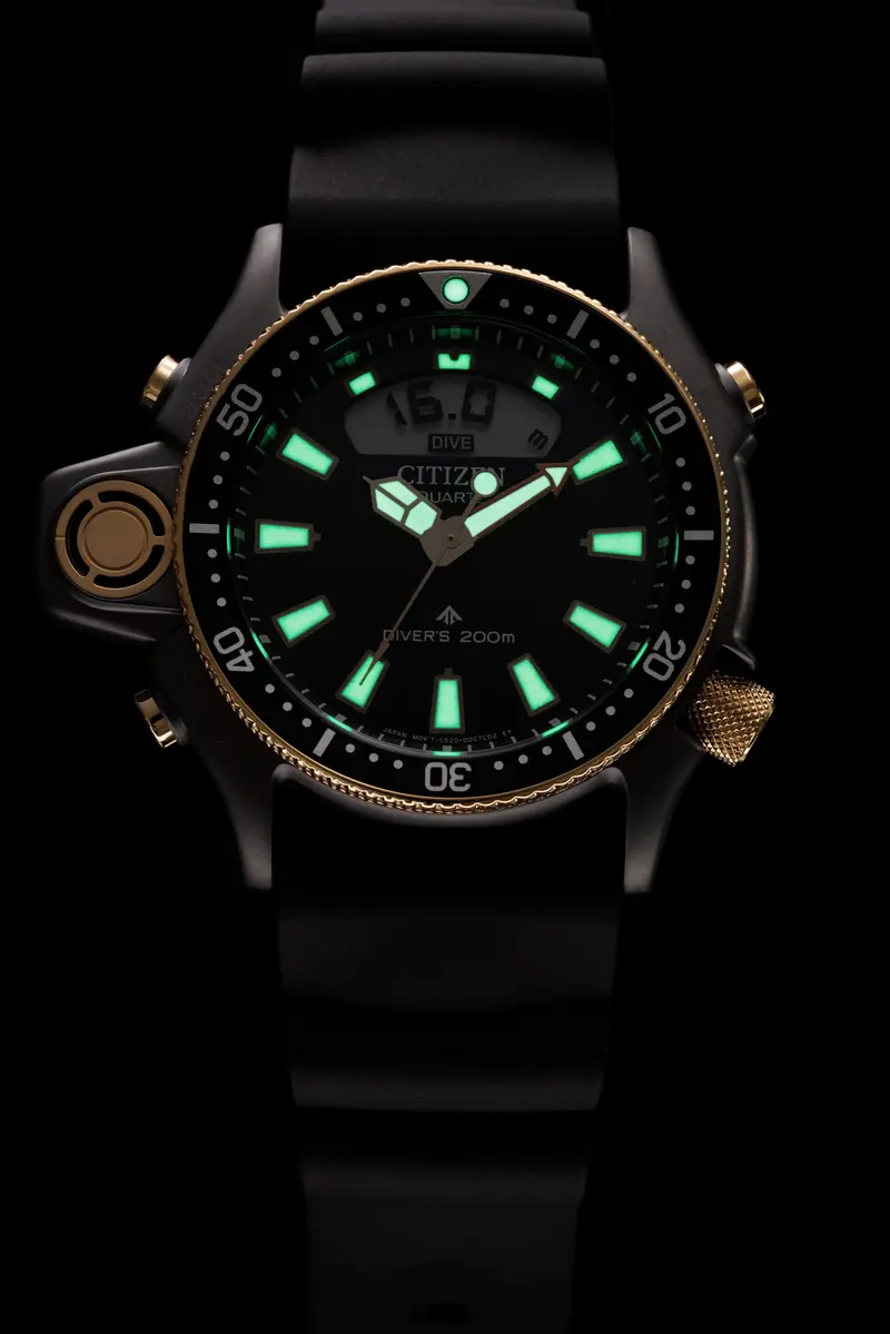 JP2008-06E採用夜光亮點時標與指針,滿足水下觀測需求。