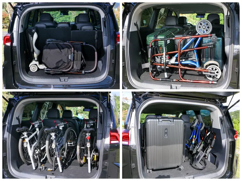 ▲ 第三排座椅採 6/4 分離設計，椅背具多段可調功能，可依後廂置物需求靈活變化。當椅背全數傾倒時，行李廂最大容積達 1,044 公升，可放入旅遊託運尺寸行李箱、帶小朋友踏青的腳踏車、長輩行動輔助工具等，空間運用靈活實用。