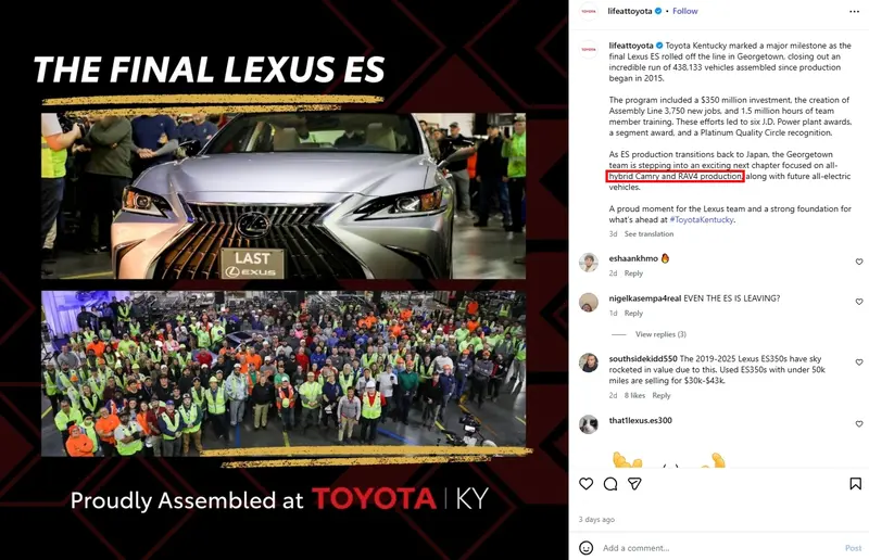現款六代美規RAV4在加拿大生產，Toyota集團近期的Lexus ES告別文中，同步表示美國工廠將生產六代RAV4油電車。