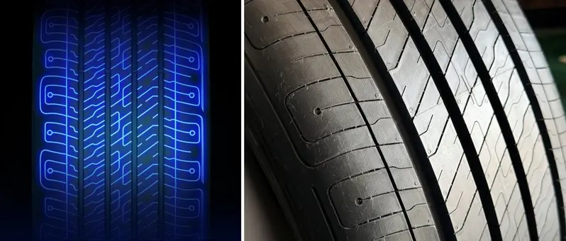 ▲ 外側的封閉式橫向溝槽設計，搭配刀槽細胎面花紋，能有效降低車內噪音，讓車艙更安靜舒適。