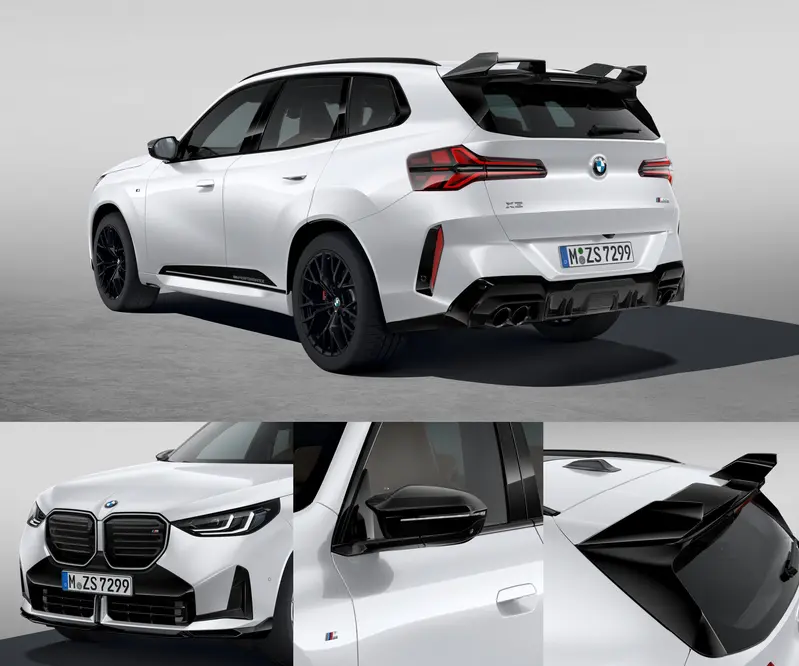 「BMW X3 M Performance Parts競技版套裝」完整涵蓋探索版與曜動版所有項目,包含M款高亮黑水箱護罩組、M款碳纖維後視鏡外蓋、M Performance高亮黑後擾流尾翼,以及專屬三件式M Performance前保定風翼。此外,更獨家導入M Performance芳綸天線飾蓋,採用國防等級芳綸纖維打造,不僅呈現與碳纖維相似的競技紋理,更具備優異的電波傳輸效能。