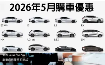 2026年5月購車優惠｜《Lexus NX》百萬0利率回歸 RX罕見2百萬0 純電ES免費充電一年