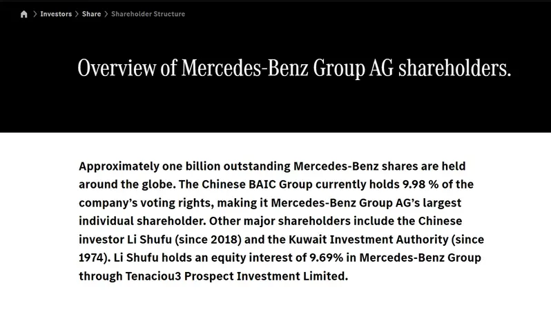BAIC Group (北汽集團)：持股 9.98%，為最大單一法人股東。Li Shufu (李書福 / 吉利控股)透過 Tenaciou3 Prospect Investment Limited 持股 9.69%。