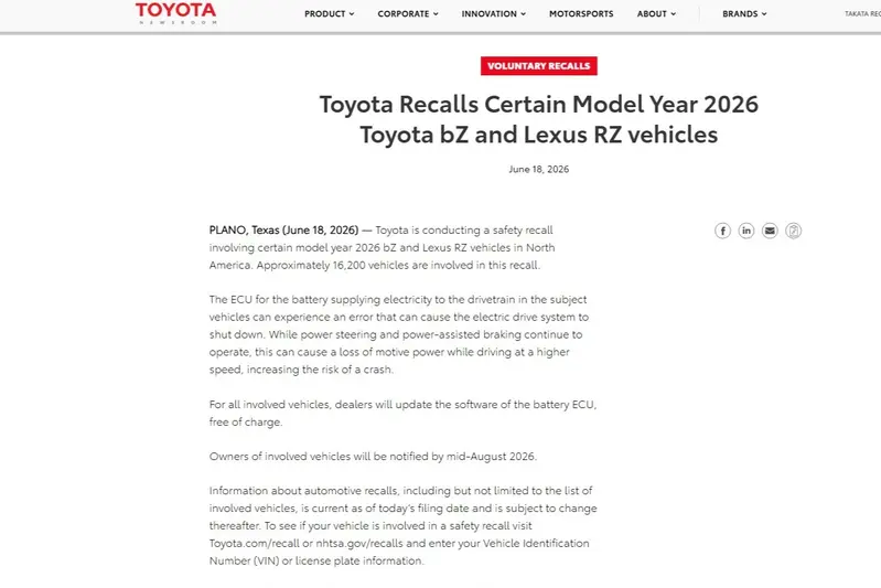 2026年6月18日,美規Toyota bZ4X因Battery ECU問題召回11,495輛,美規車Battery ECU零件號碼為89890-42381,供應商為Denso。