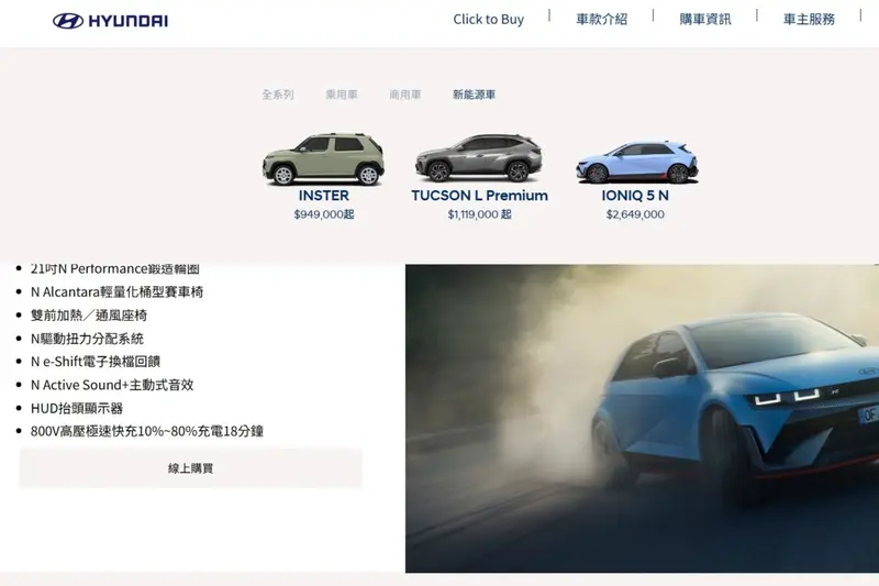 南陽現代官網上已經看不到一般版本的Ioniq 5,只提供單一性能車款5 N。